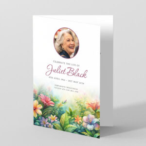 Funeral order of service design with vibrant colourful garden flowers.