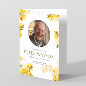 Delicate yellow freesia flowers frame the cover pages of this order of service design.