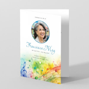 A vibrant funeral order of service design, created for a talented musician.