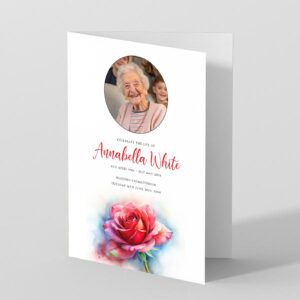 English Rose funeral order of service design. Printed on 400gsm white card.