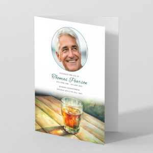 Glass of Whiskey funeral order of service design. Printed on 400gsm white card.