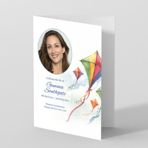 Kite Flying funeral order of service design. Printed on 400gsm white card.