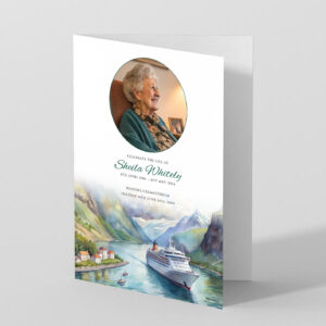 River Cruise funeral order of service design. Printed on 400gsm white card.